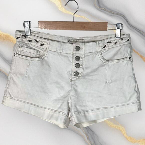 FREE PEOPLE Buttonfly Cream Mid Rise Shorts Surfer Braided Rope Ripped 28 White - Picture 1 of 6
